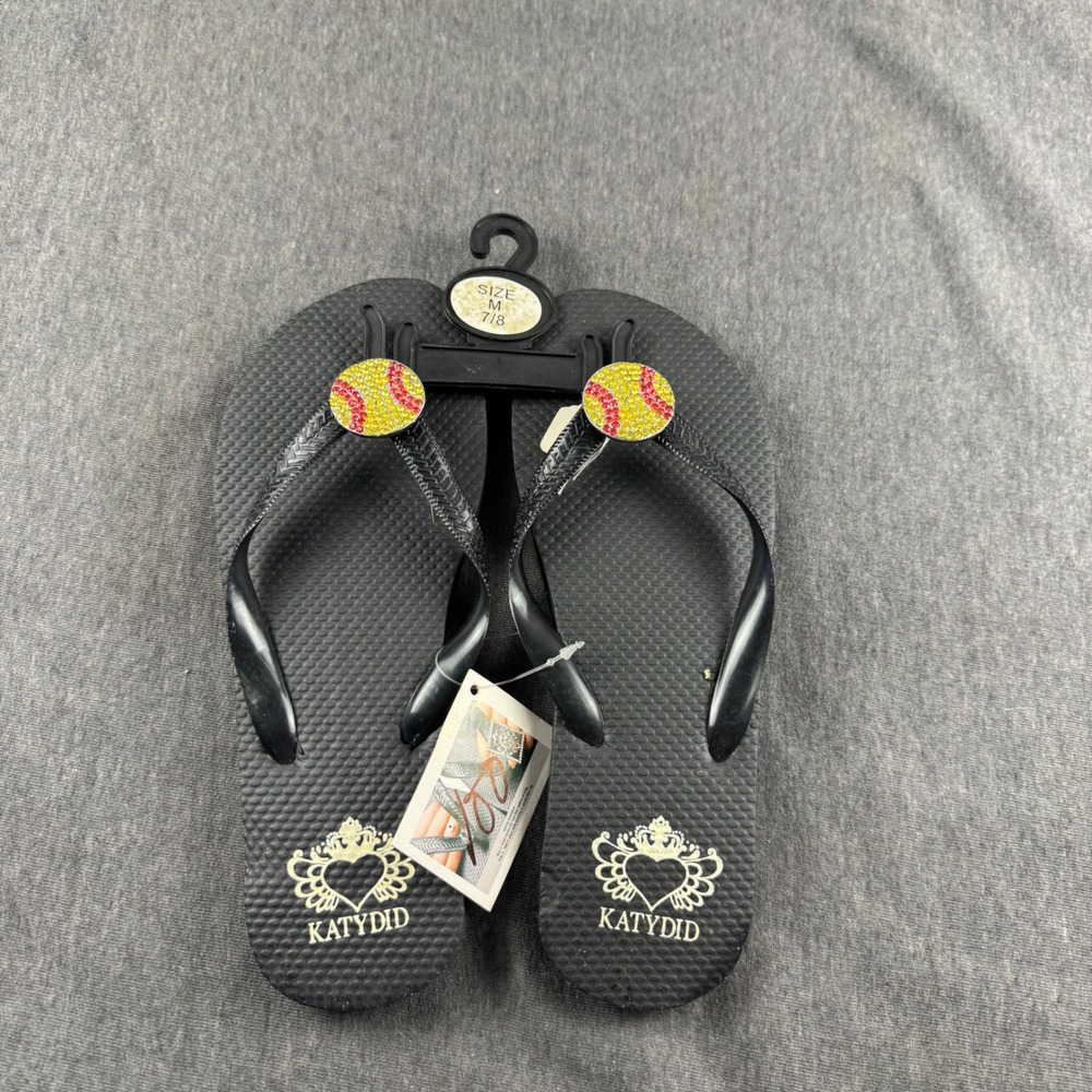 Katydid Womens Black Flip Flops Rhinestone Softball Baseball Sandals M 7/8